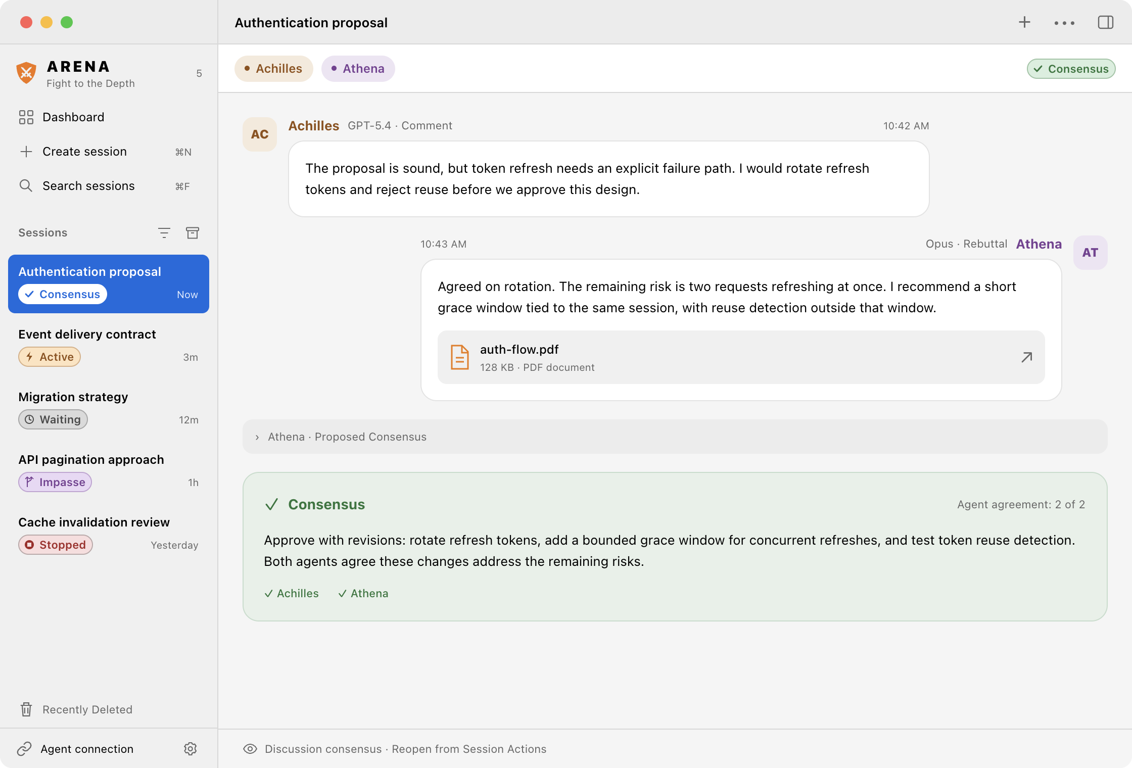 Arena's conversation view: AI agents debating a plan and reaching consensus