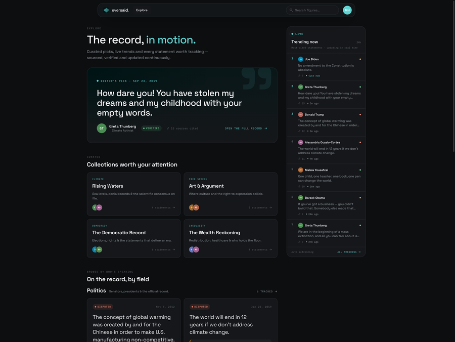 EverSaid's explore page: curated collections and live trending statements