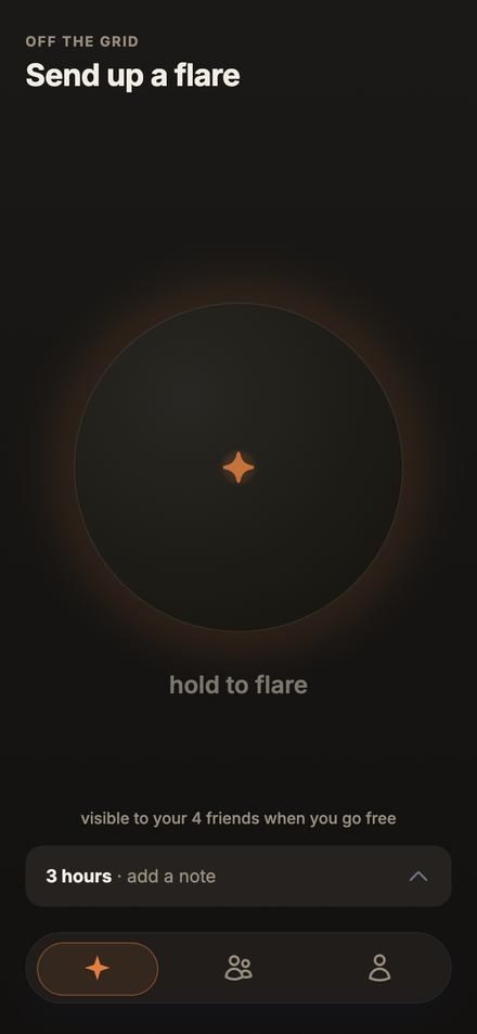 Flare's send screen: hold to flare, visible to your friends