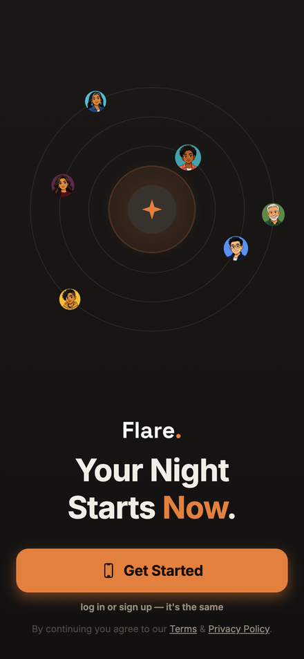 Flare's welcome screen, with friends orbiting a flare on a radar