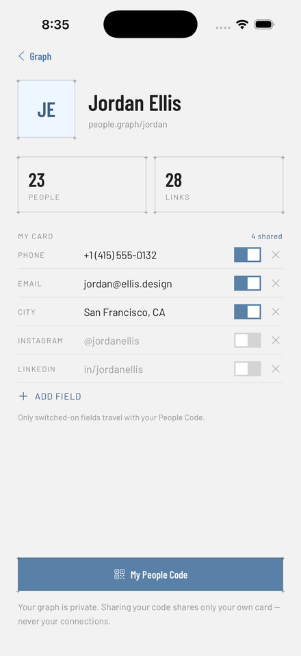 Node's profile screen, showing which card fields are shared